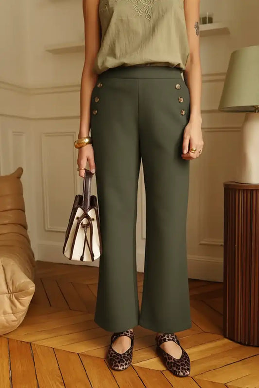 Pantalón Verde Mujer Estilo Marinero con Botones Dorados Elegante - CHICA del Sur