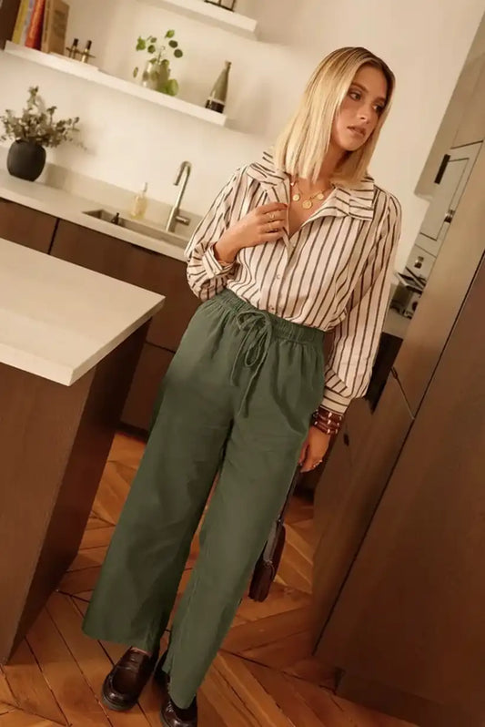 Olive green women's fluid trousers, 100% cotton, comfortable, wide leg