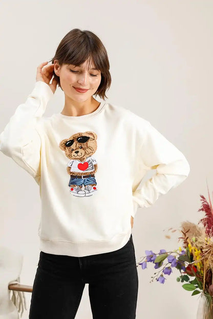 Sudadera Mujer Osito Bordado Algodón Casual Blanca o Negra - CHICA del Sur