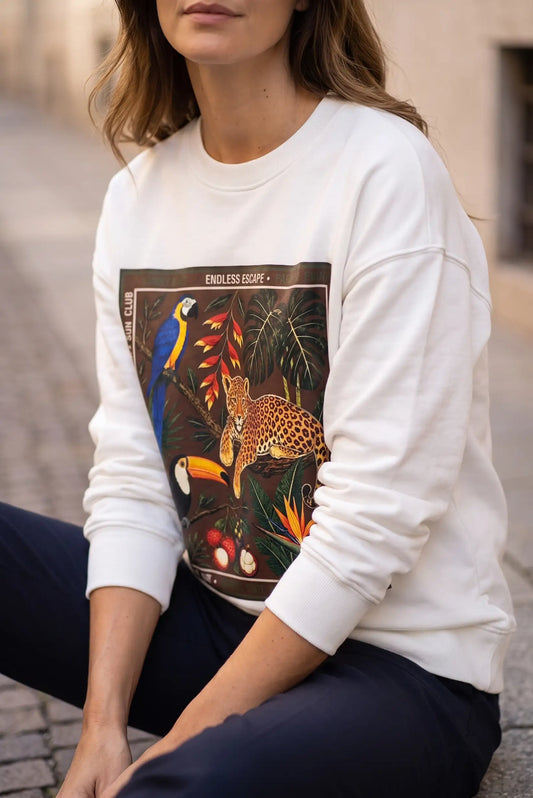 Sudadera blanca para mujer con estampado tropical de jaguar, tucán y guacamayo