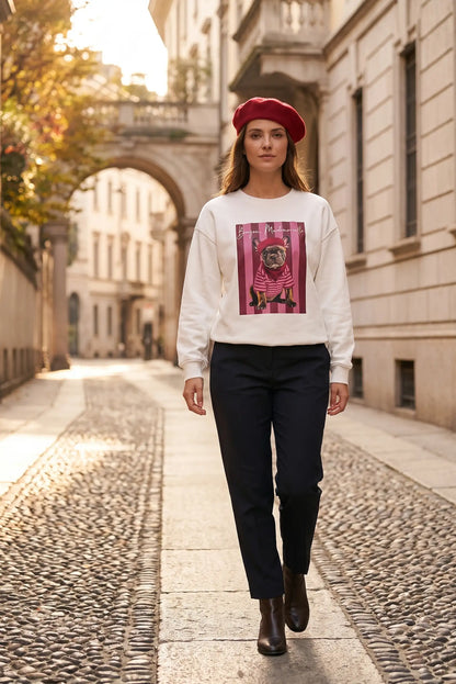Mujer con boina roja, sudadera blanca con estampado de perro y pantalones negros en calle europea.