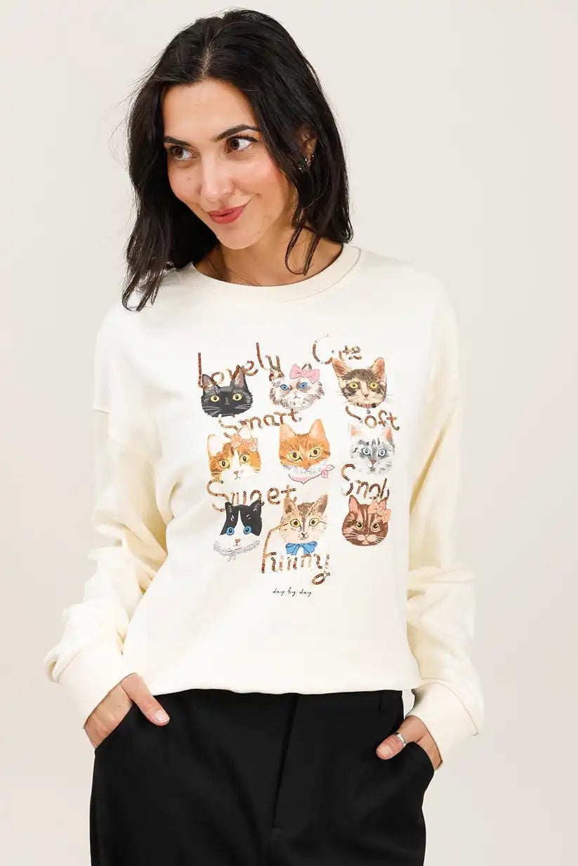 Sudadera Mujer Gatos Ilustrados Algodón Suave Casual Moderna - CHICA del Sur