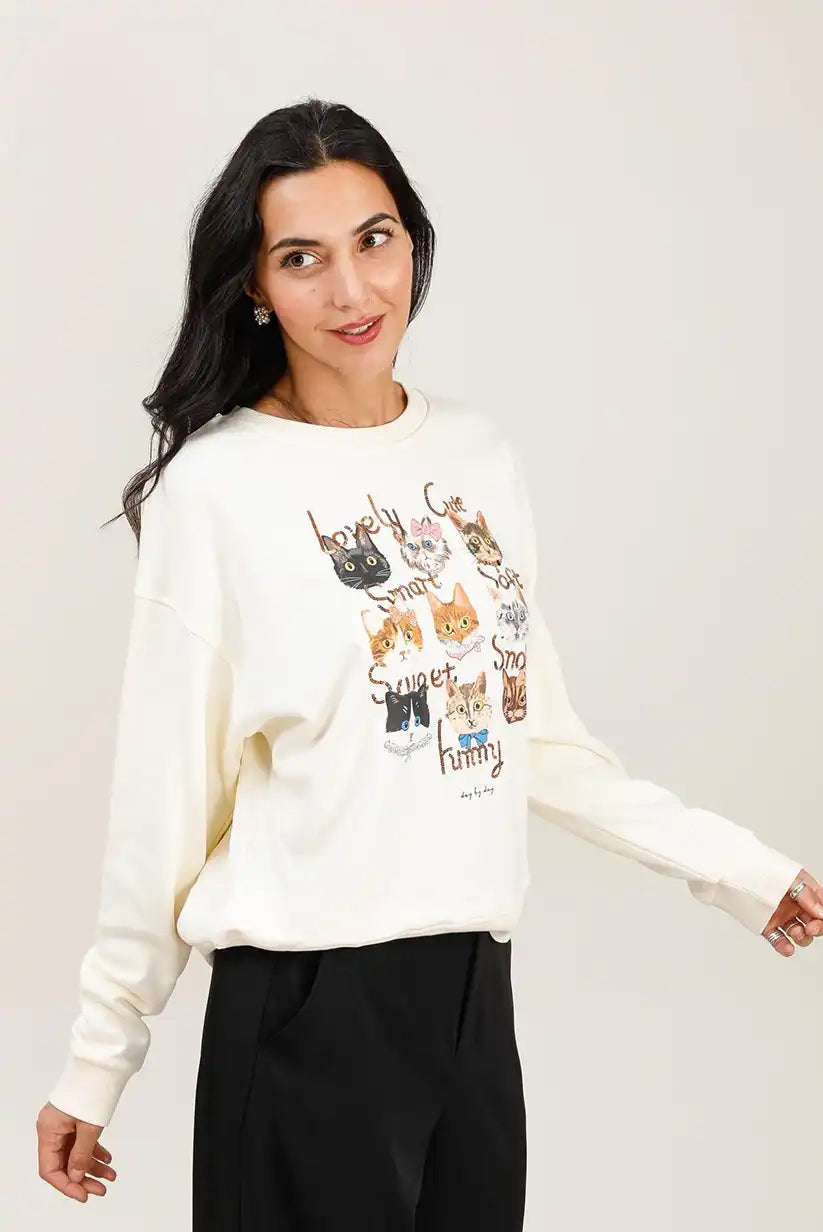 Sudadera Mujer Gatos Ilustrados Algodón Suave Casual Moderna - CHICA del Sur