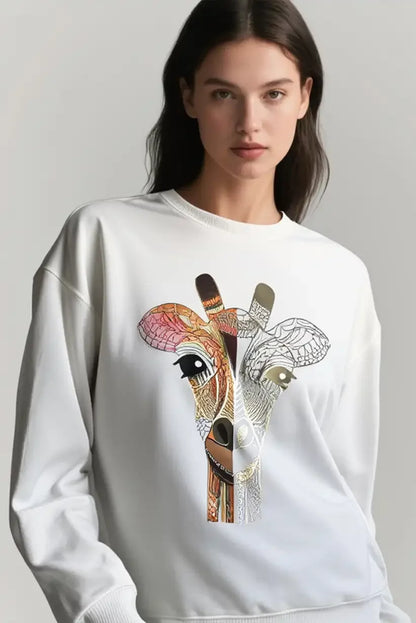 Sudadera Mujer Blanca con Jirafa Dorada Estilo Casual Artístico - CHICA del Sur