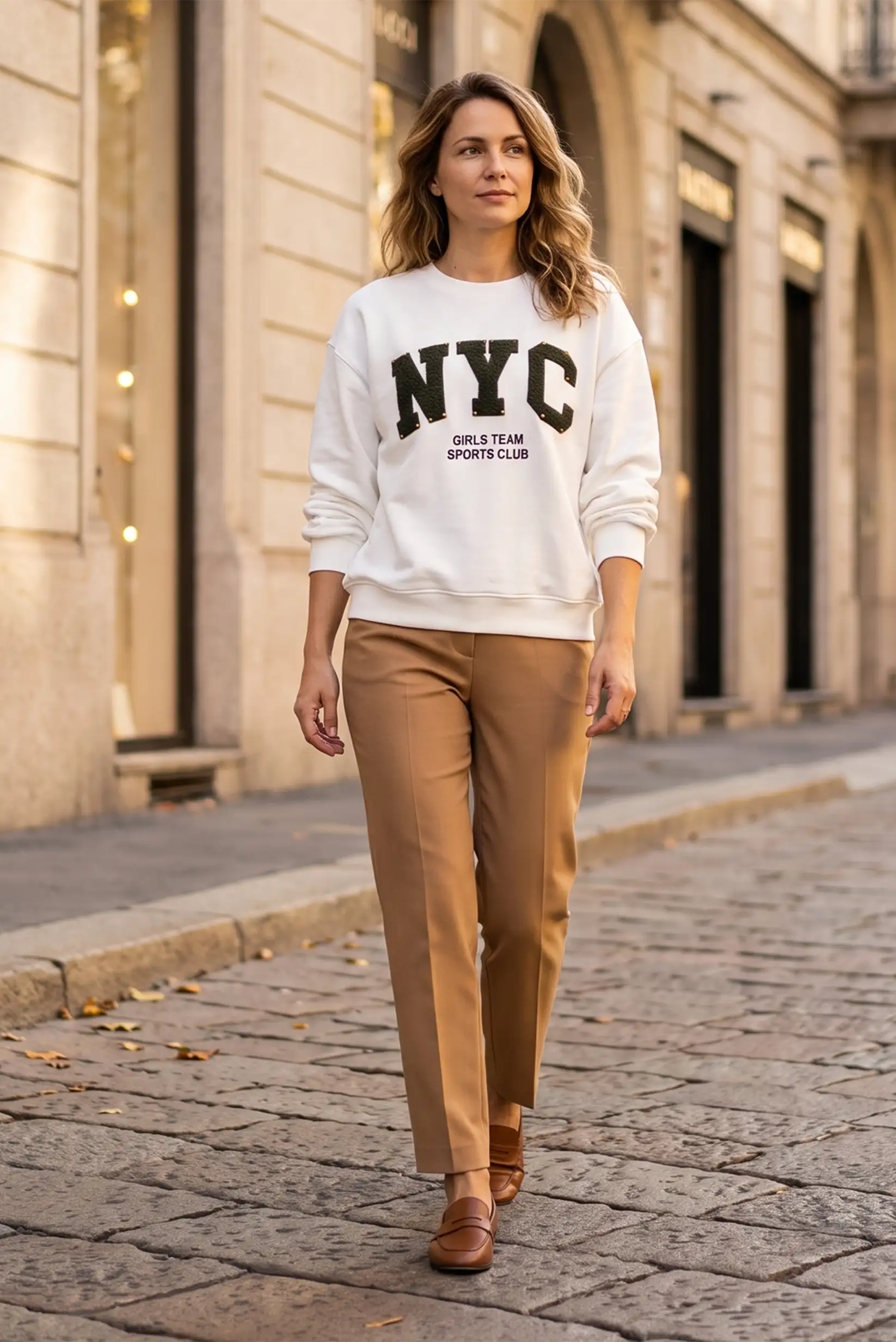 Mujer con sudadera blanca NYC y pantalones camel caminando por una calle empedrada.
