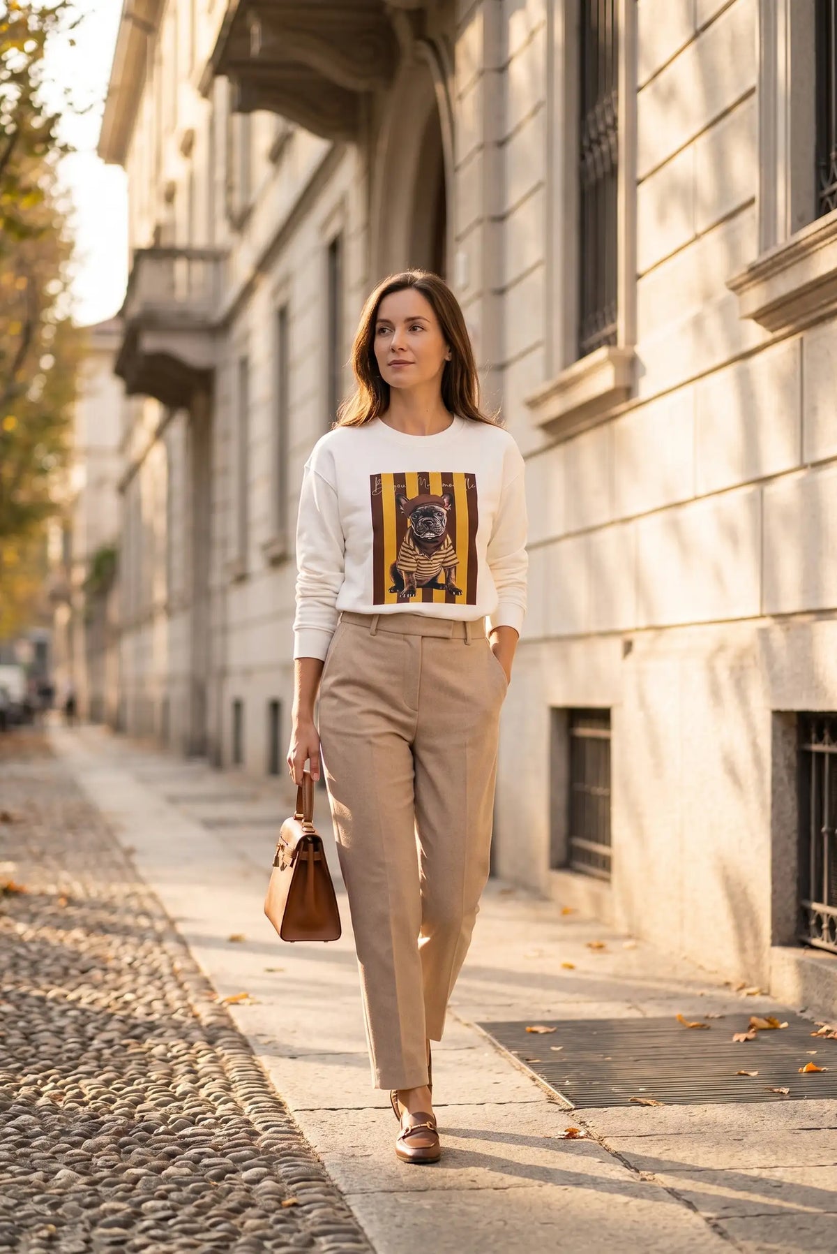 Mujer con sudadera blanca con estampado de perro, pantalones beige y bolso marrón en la calle.