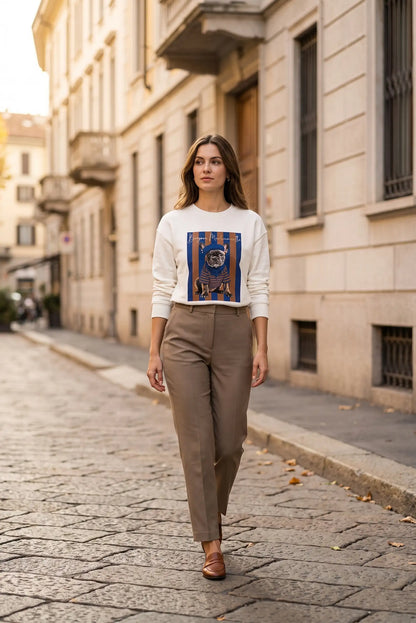 Mujer con sudadera blanca estampada y pantalones beige caminando por calle empedrada.