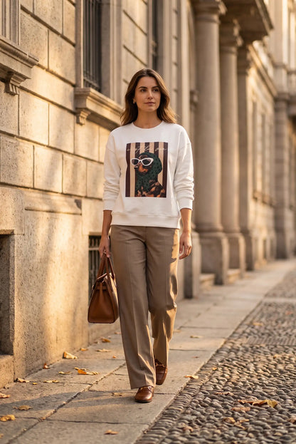 Mujer con sudadera blanca estampada, pantalones beige y bolso marrón caminando por la calle.