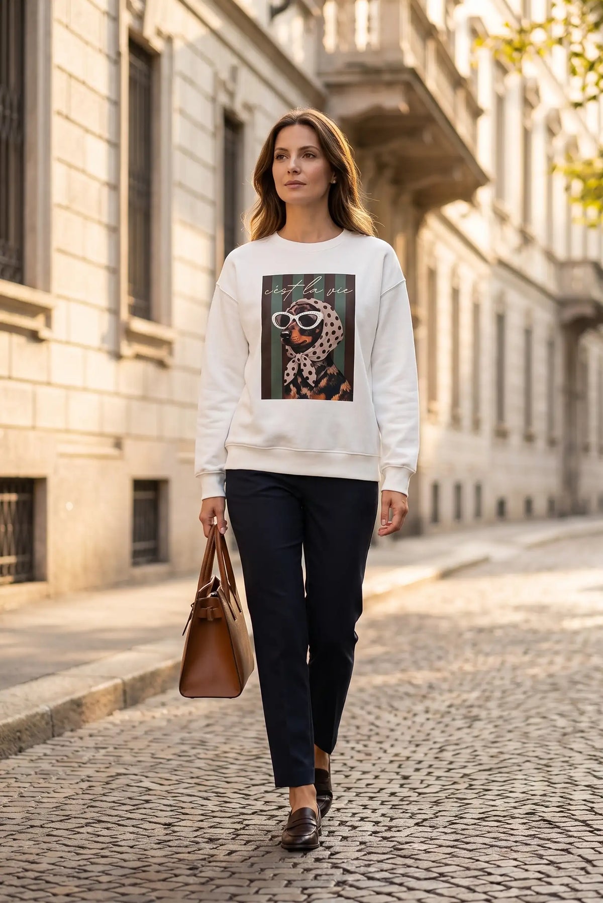 Mujer con sudadera blanca estampada, pantalones azul marino y bolso marrón en calle empedrada.
