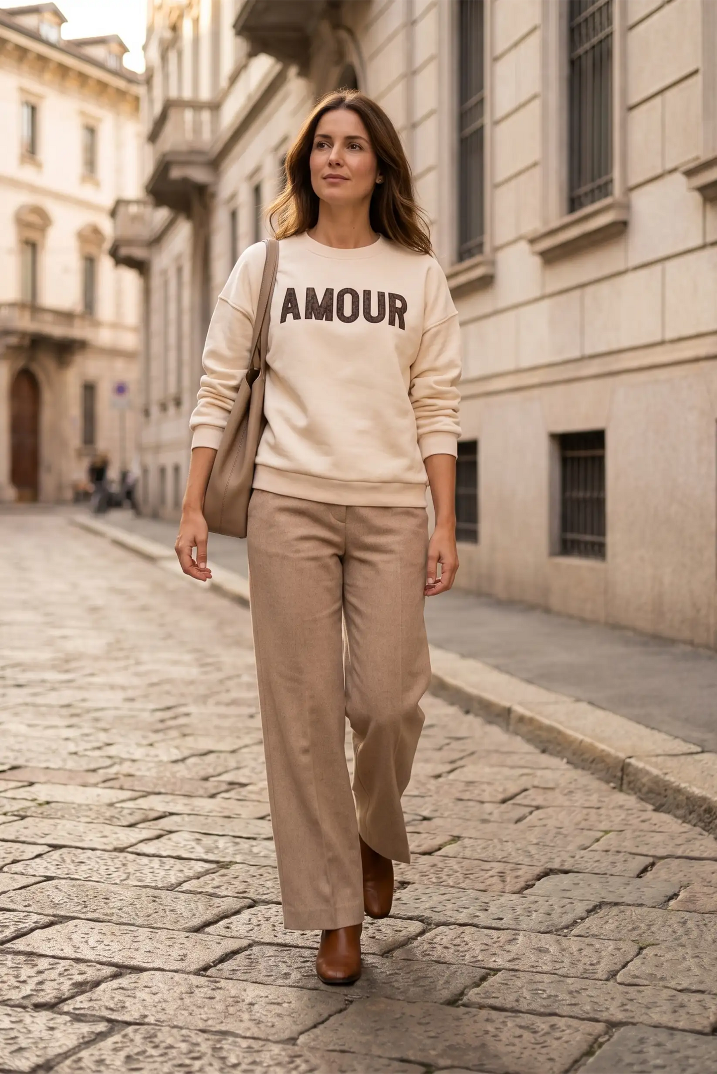 Mujer con sudadera beige 'AMOUR', pantalones anchos camel y bolso en calle empedrada
