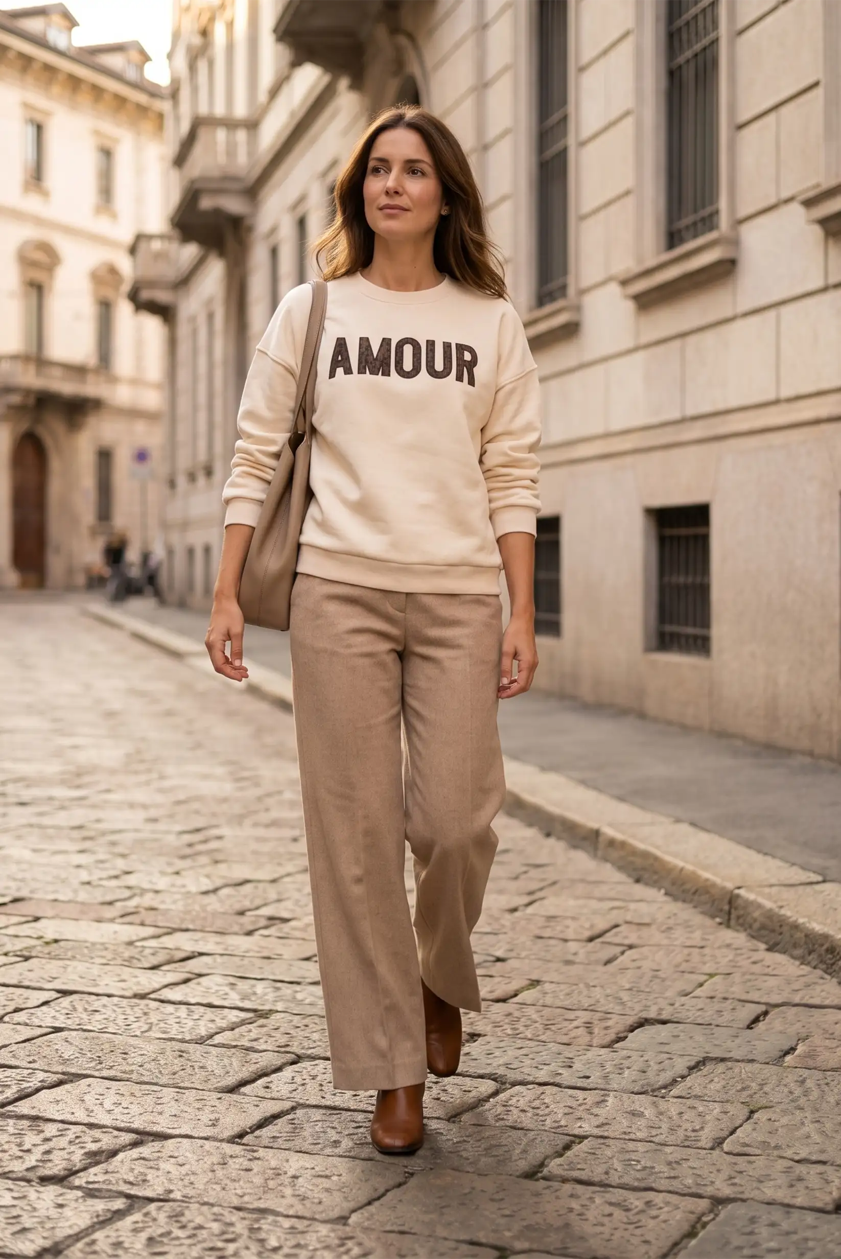 Mujer con sudadera beige 'AMOUR', pantalones anchos camel y bolso en calle empedrada
