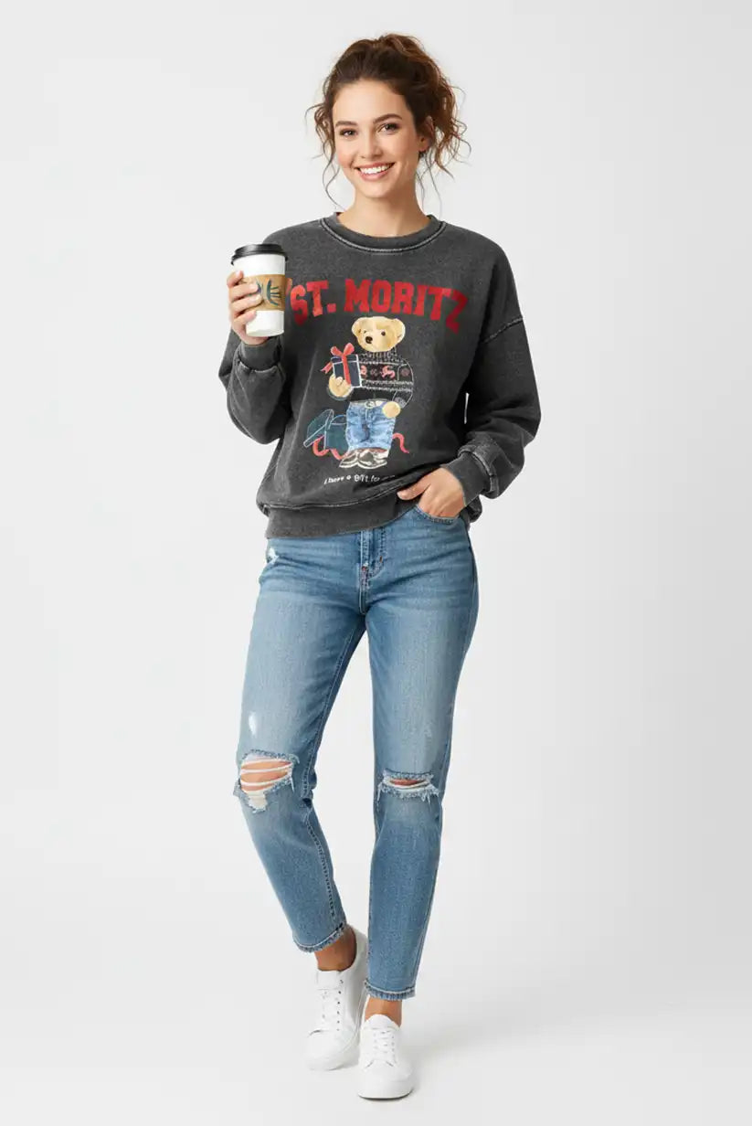 Sudadera mujer gris ST. MORITZ con osito chic - CHICA del Sur