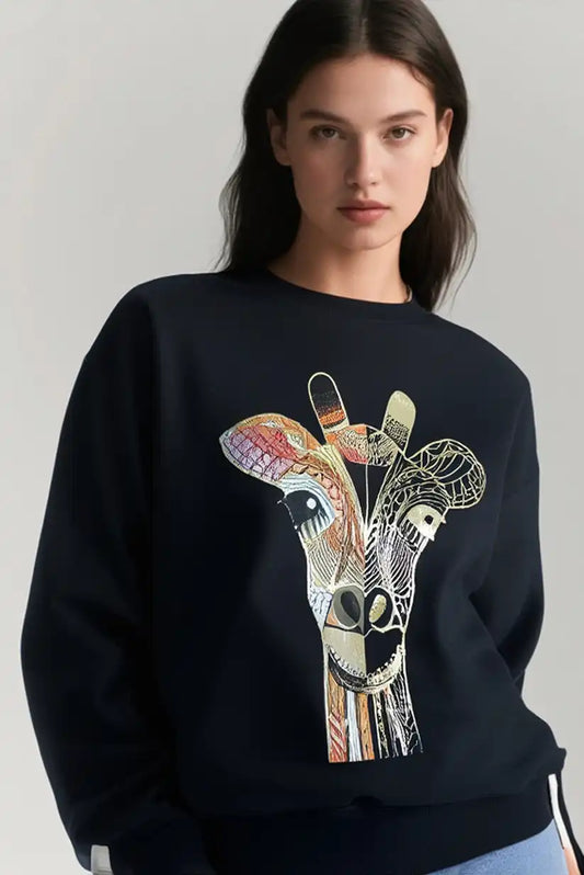 Sudadera Mujer Negra Estampado Jirafa Dorada Casual - CHICA del Sur