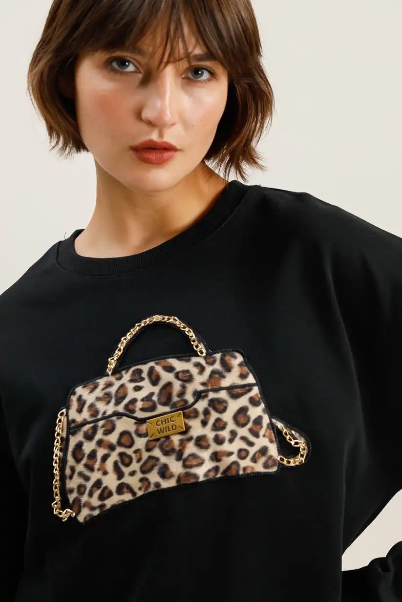 Sudadera mujer Negra animal print “Wild Bag” - CHICA del Sur