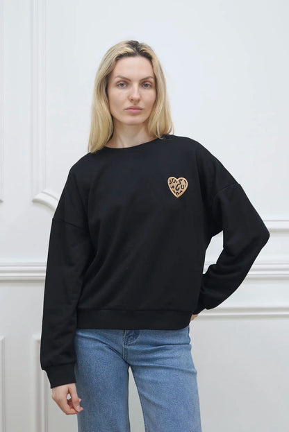 Sweat-shirt noir pour femme avec imprimé animal en forme de cœur