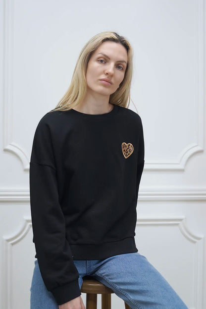 Sweat-shirt noir pour femme avec imprimé animal en forme de cœur