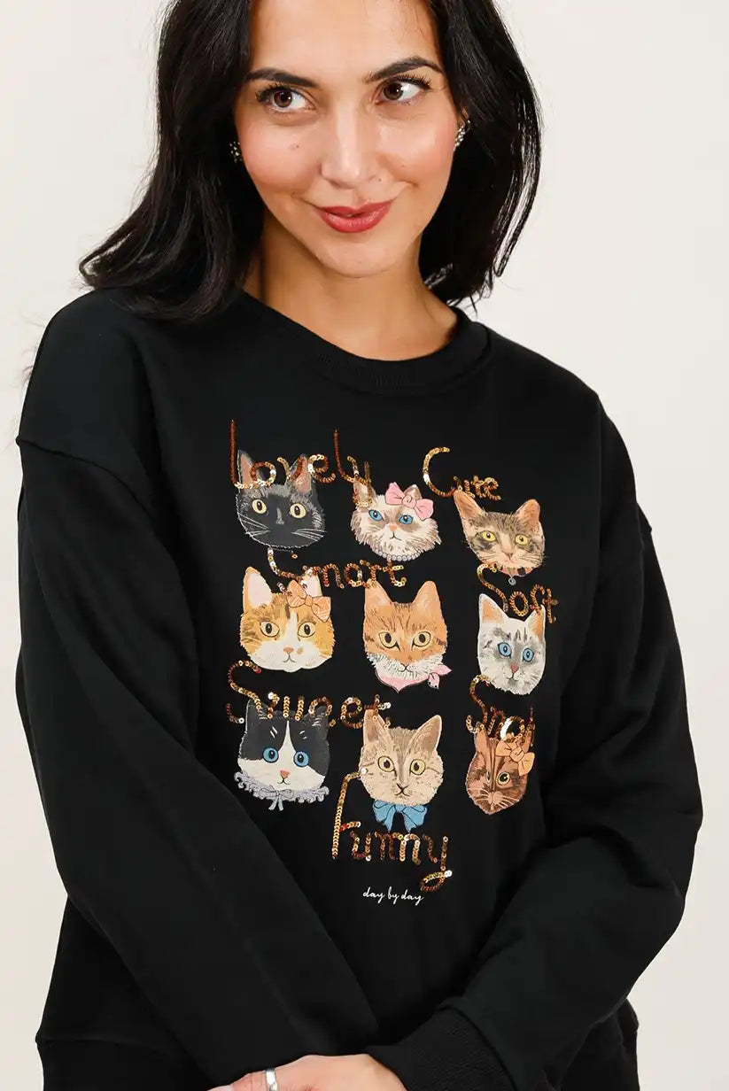 Sudadera Mujer Gatos Ilustrados Algodón Suave Casual Moderna - CHICA del Sur
