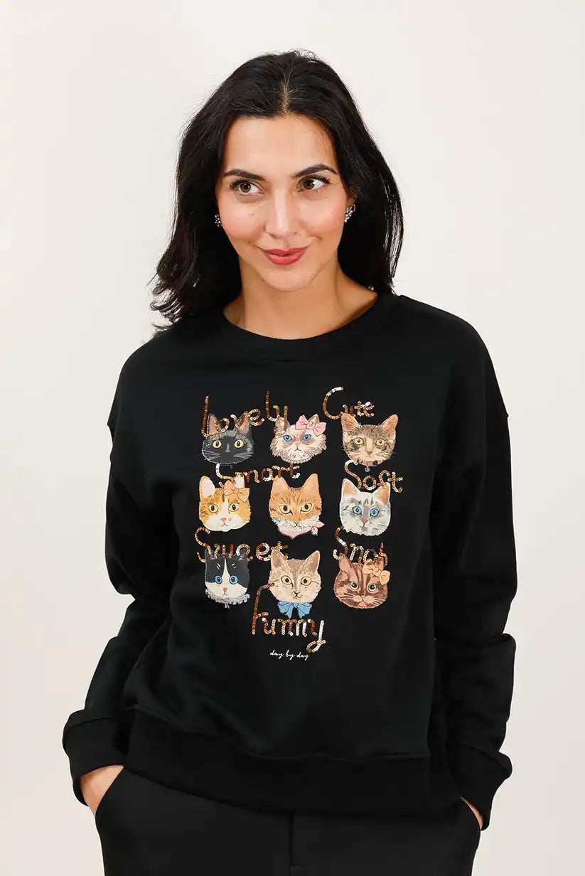 Sudadera Mujer Gatos Ilustrados Algodón Suave Casual Moderna - CHICA del Sur