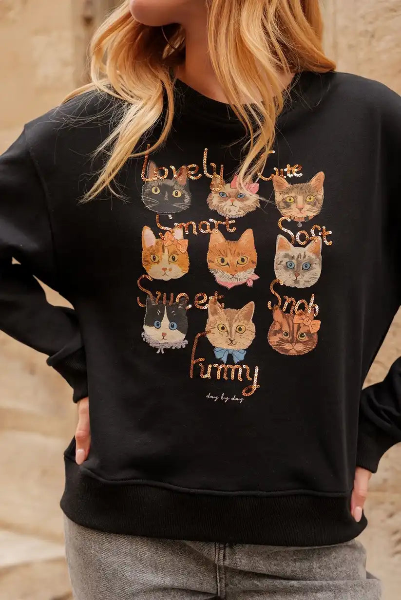 Sudadera Mujer Gatos Ilustrados Algodón Suave Casual Moderna - CHICA del Sur