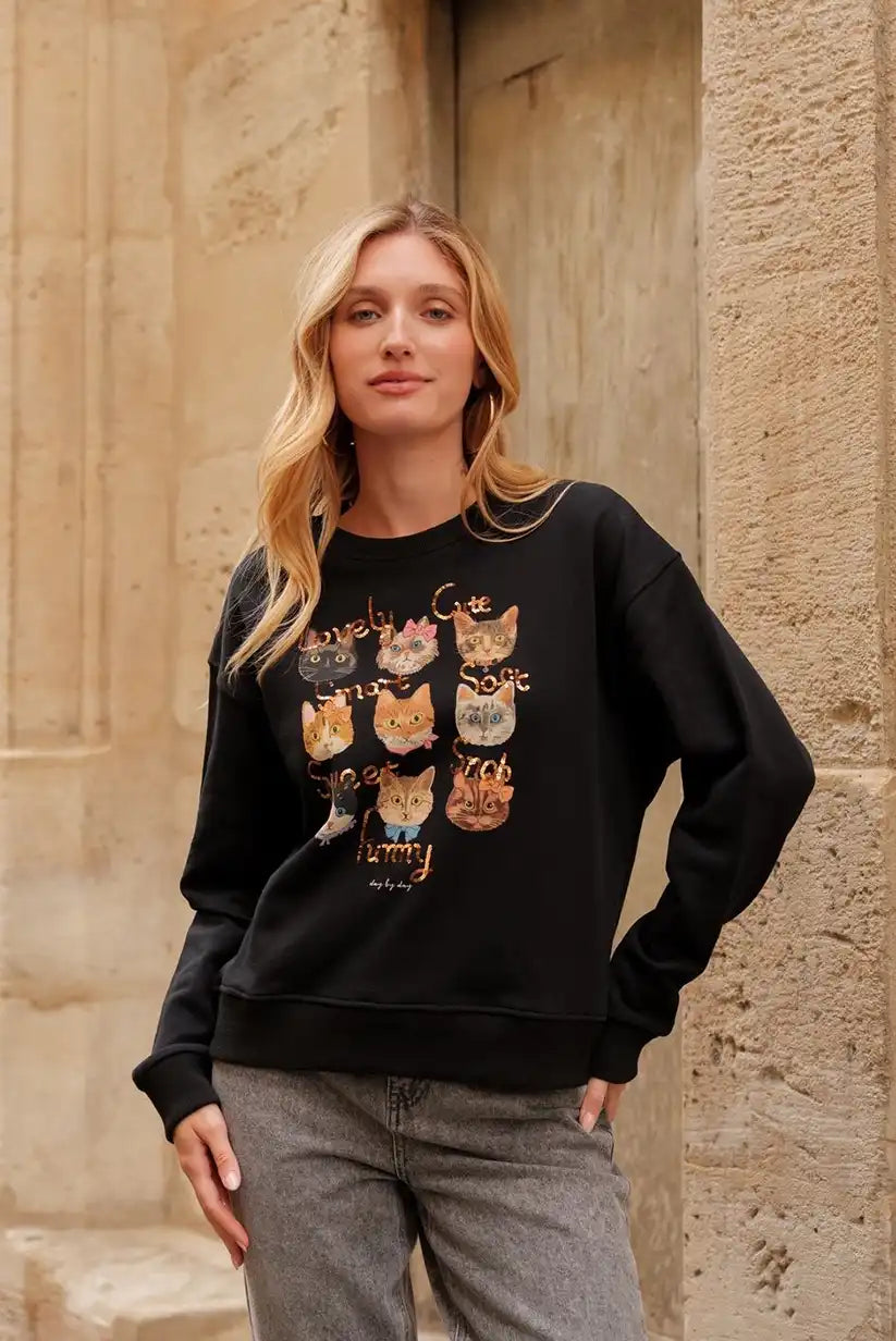 Sudadera Mujer Gatos Ilustrados Algodón Suave Casual Moderna - CHICA del Sur