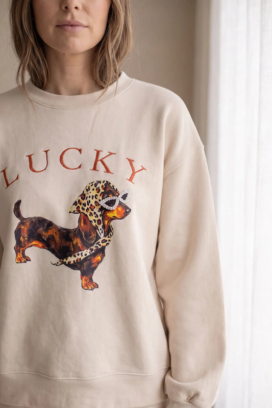 Sudadera de Mujer Beige con Estampado de Perro Lucky y Pedrería