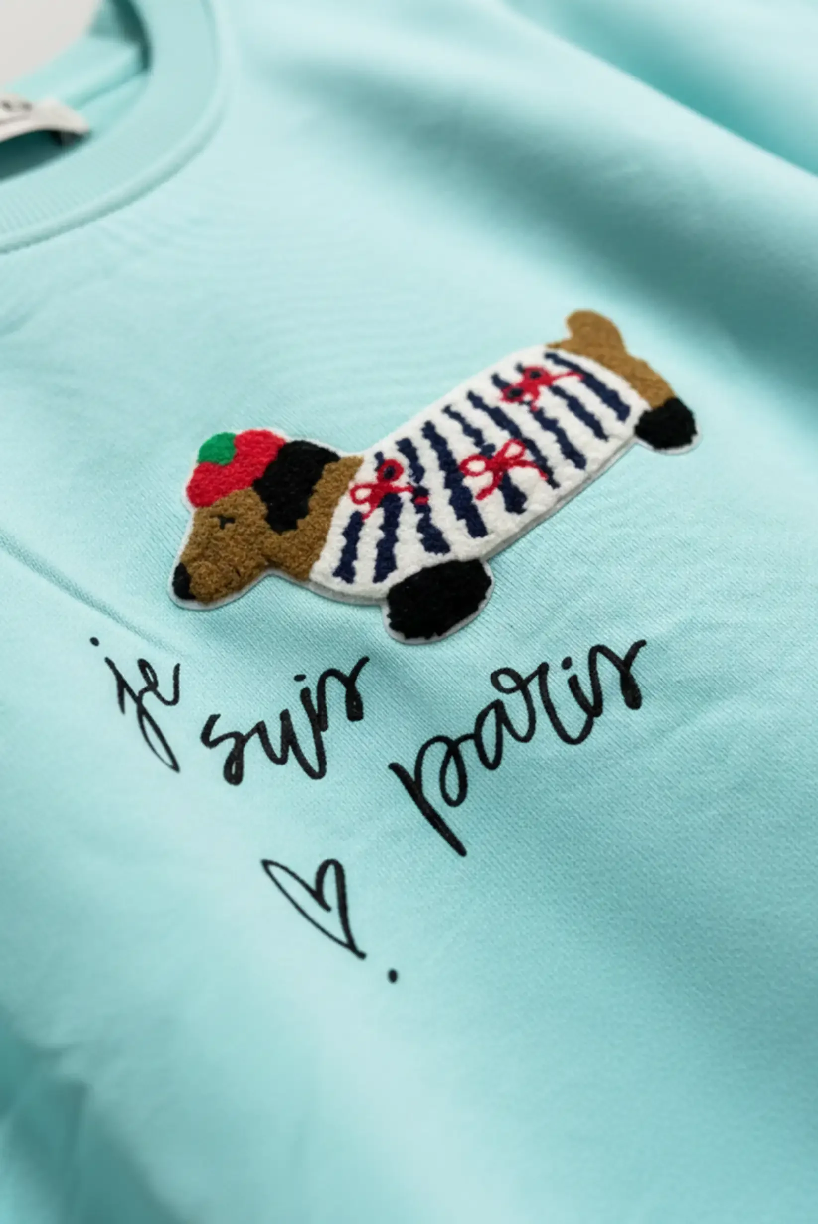 Sudadera verde agua para mujer con bordado de perro salchicha y frase 'je suis paris', moda CHICA del Sur.