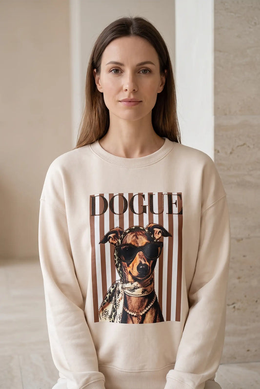 Sudadera de Mujer Beige con Estampado de Perro y Pedrería