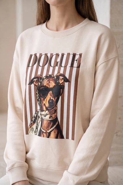 Sudadera beige de mujer CHICA del Sur con estampado de perro con gafas y pedrería.