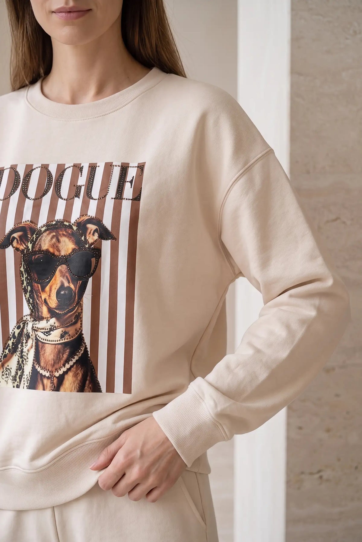 Sudadera beige de mujer CHICA del Sur con estampado de perro con gafas y pedrería.