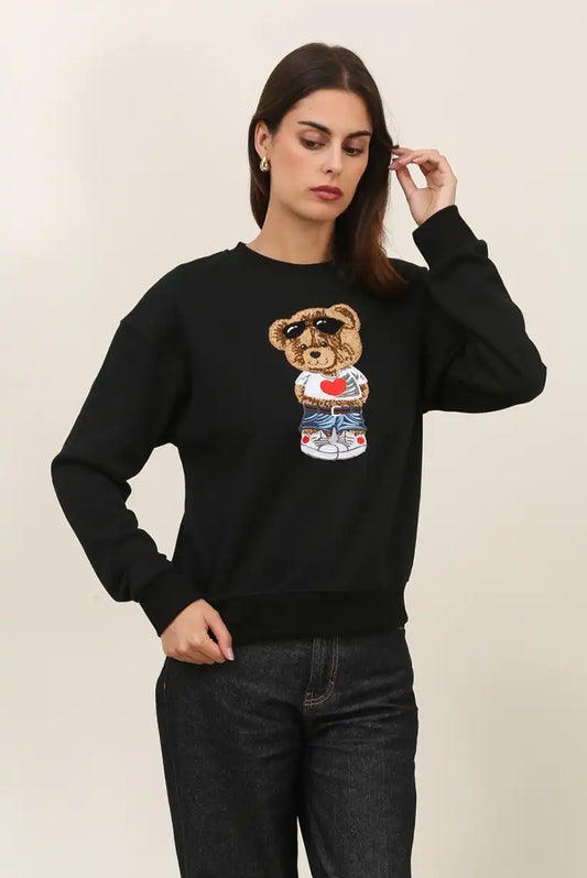 Sudadera Mujer Osito Bordado Algodón Casual Blanca o Negra - CHICA del Sur