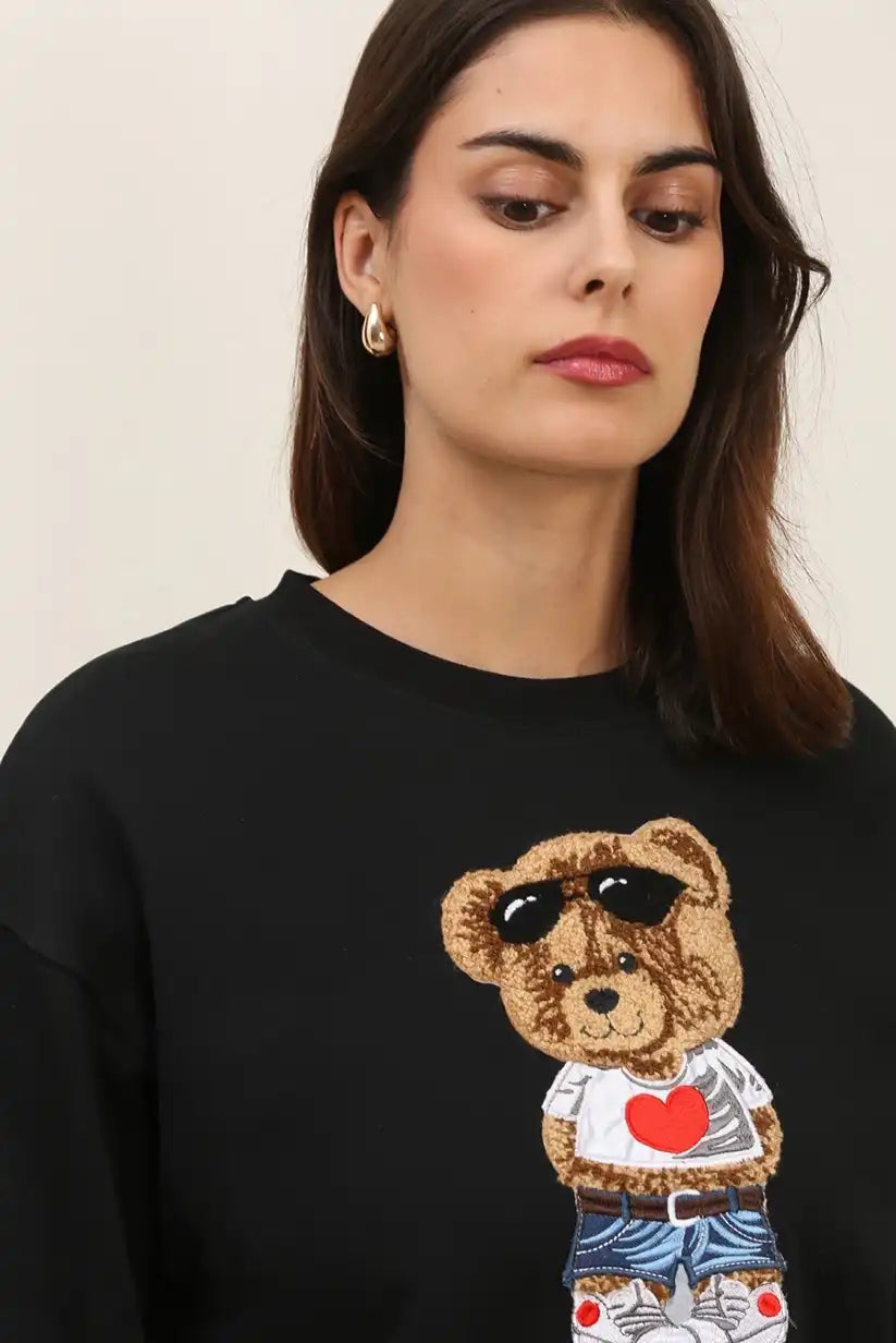 Sudadera Mujer Osito Bordado Algodón Casual Blanca o Negra - CHICA del Sur