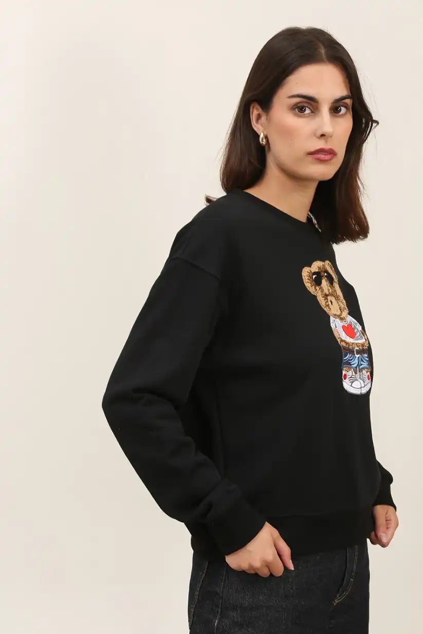 Sudadera Mujer Osito Bordado Algodón Casual Blanca o Negra - CHICA del Sur