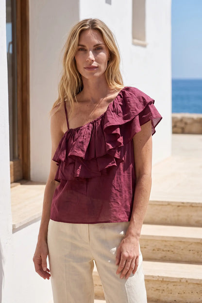 Top Asimétrico Burdeos para Mujer con Volantes | Blusa Elegante Verano