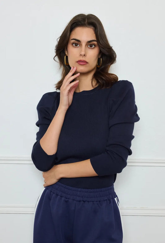 Top mujer manga larga abullonada azul marino - CHICA del Sur