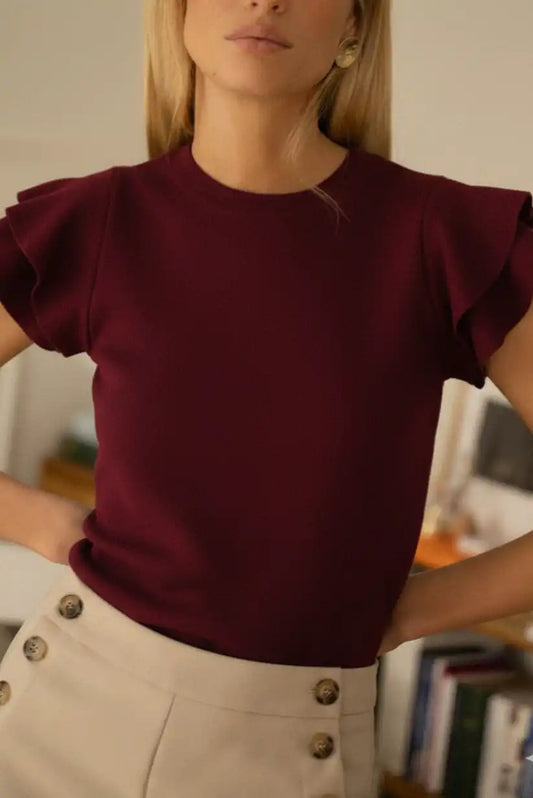 Top de mujer burdeos con mangas cortas y volantes - CHICA del Sur