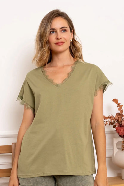 Camiseta Verde Pistacho de Algodón con Encaje para Mujer