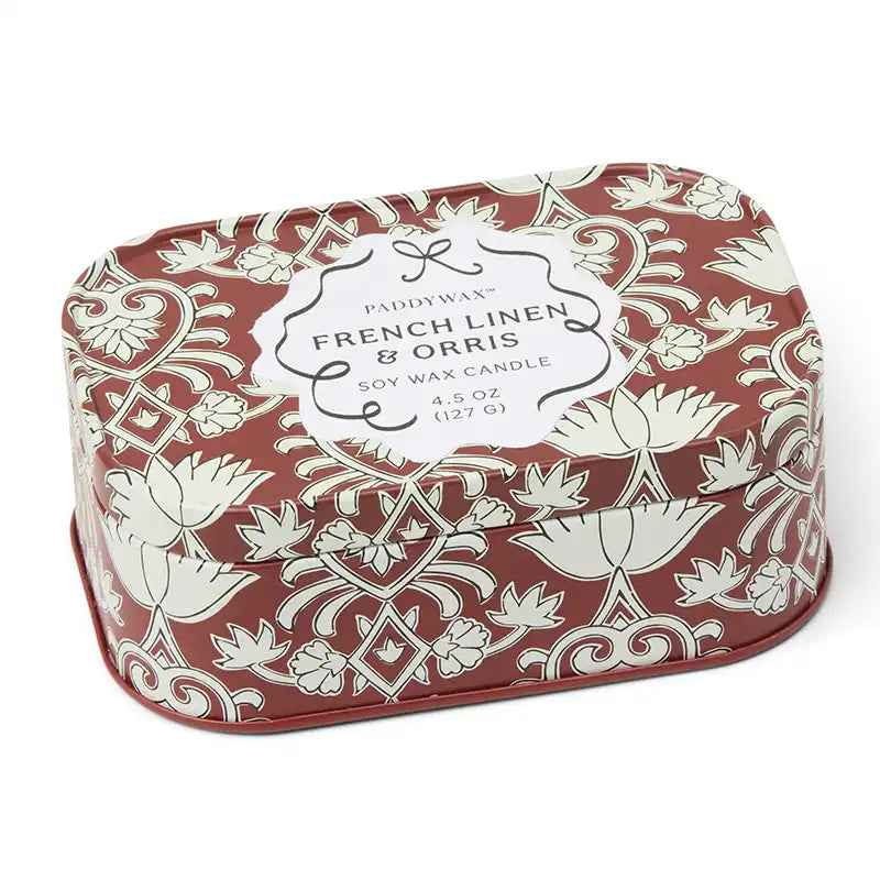 Vela Paddywax CHERIE French Linen & Orris 127g | Aroma Carmesí y Crema en lata vintage - CHICA del Sur