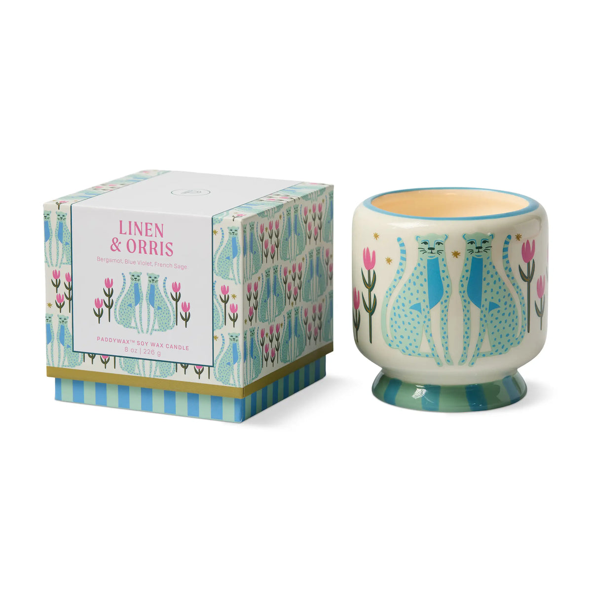 Vela de cerámica Paddywax A Dopo 226 g. Guepardos azules – Lino e iris
