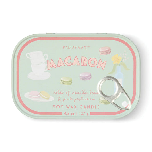 Vela de cera de soja Paddywax aroma Macaron en lata decorada con macarons pastel.