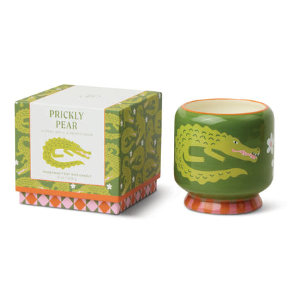 Vela Paddywax en vaso verde con dibujo de cocodrilo y caja decorativa Prickly Pear.