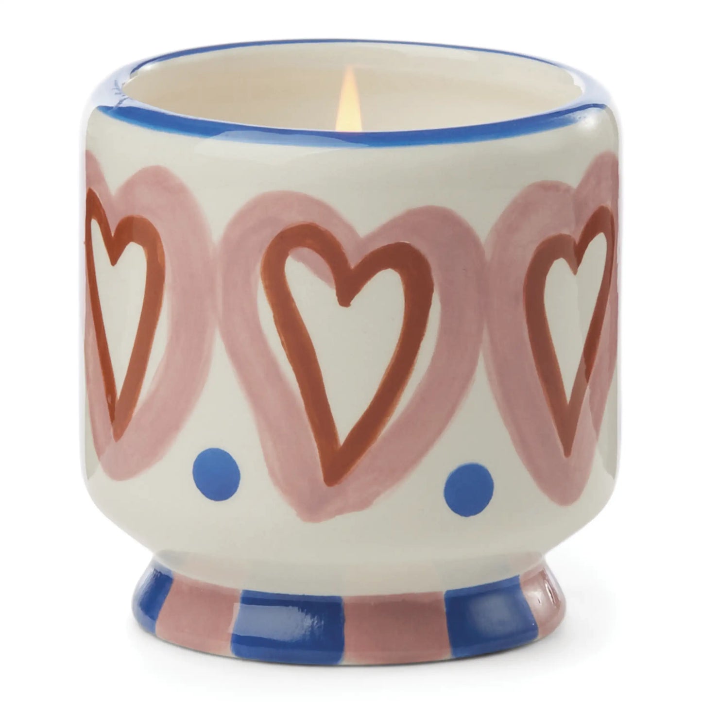 Vela decorativa en vaso cerámico con corazones rosas, complemento CHICA del Sur
