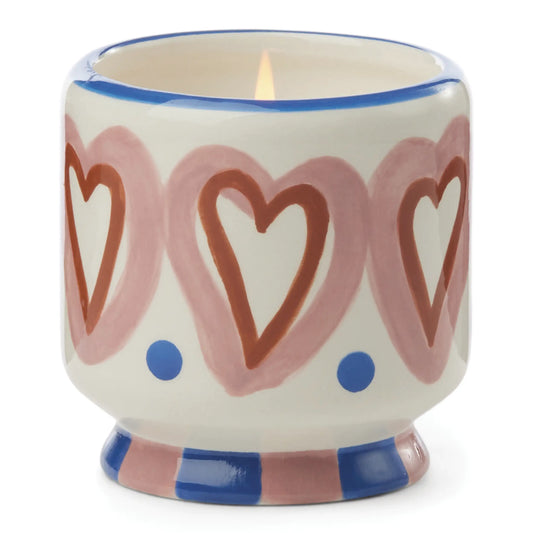 Vela decorativa en vaso cerámico con corazones rosas, complemento CHICA del Sur