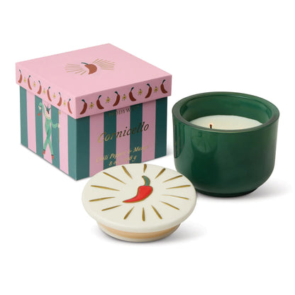 Vela Paddywax Cornicello aroma chile y mango en vaso verde, caja decorativa, CHICA del Sur