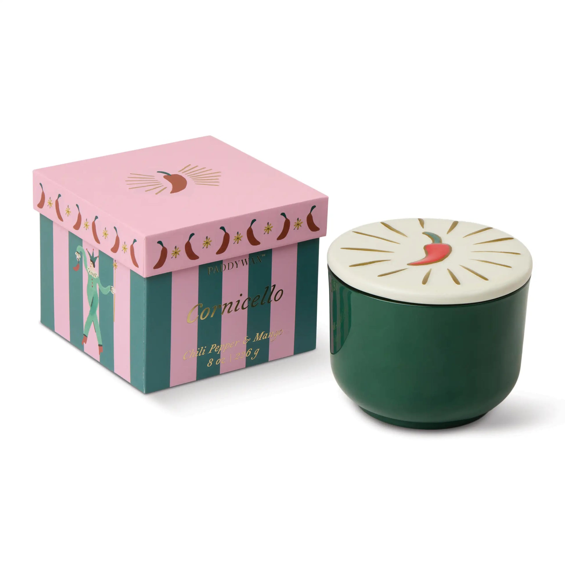 Vela Paddywax Cornicello envase verde, caja decorativa con chiles, CHICA del Sur.
