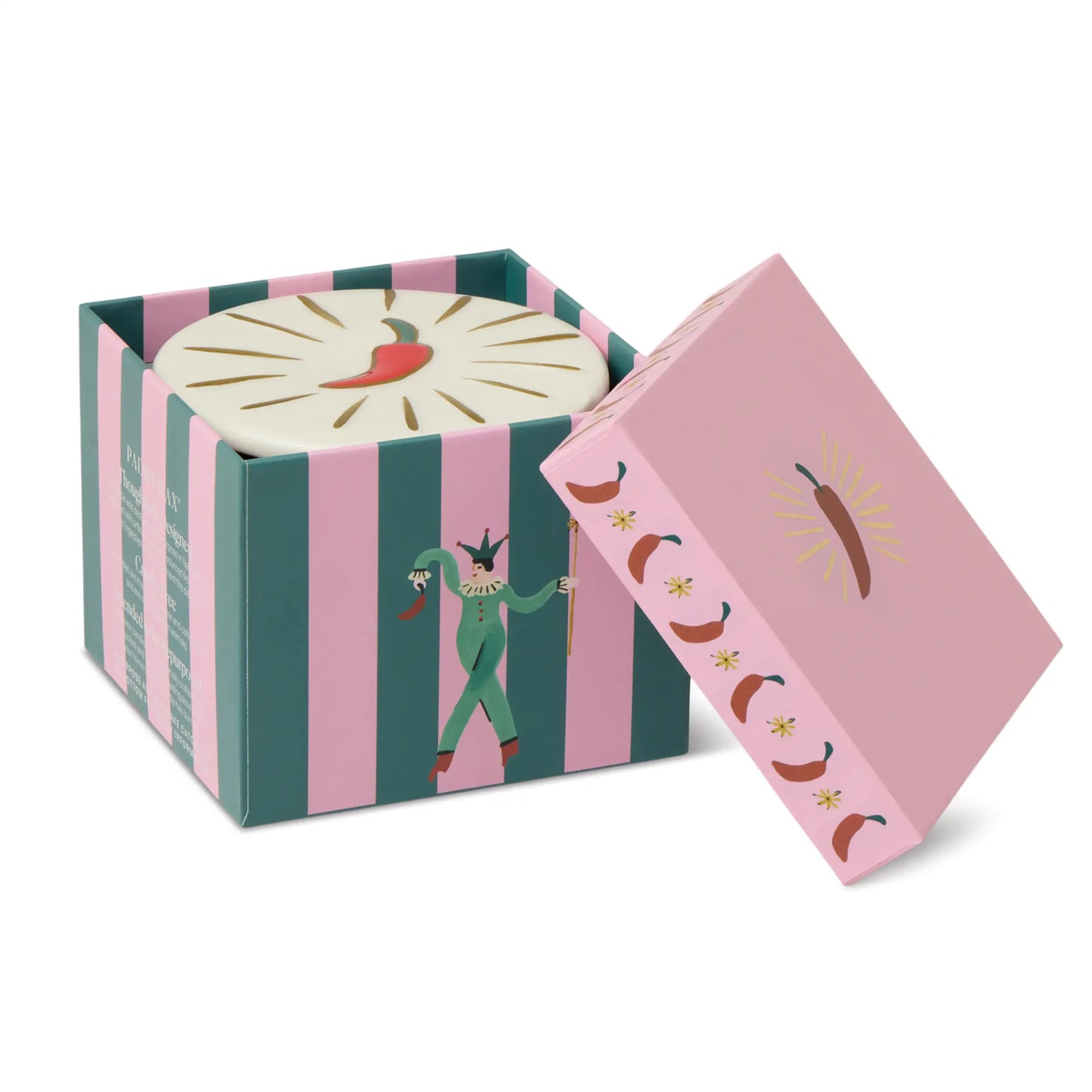 Vela Paddywax Cornicello en caja decorativa con rayas, ilustración de chile y diseño colorido, CHICA del Sur.