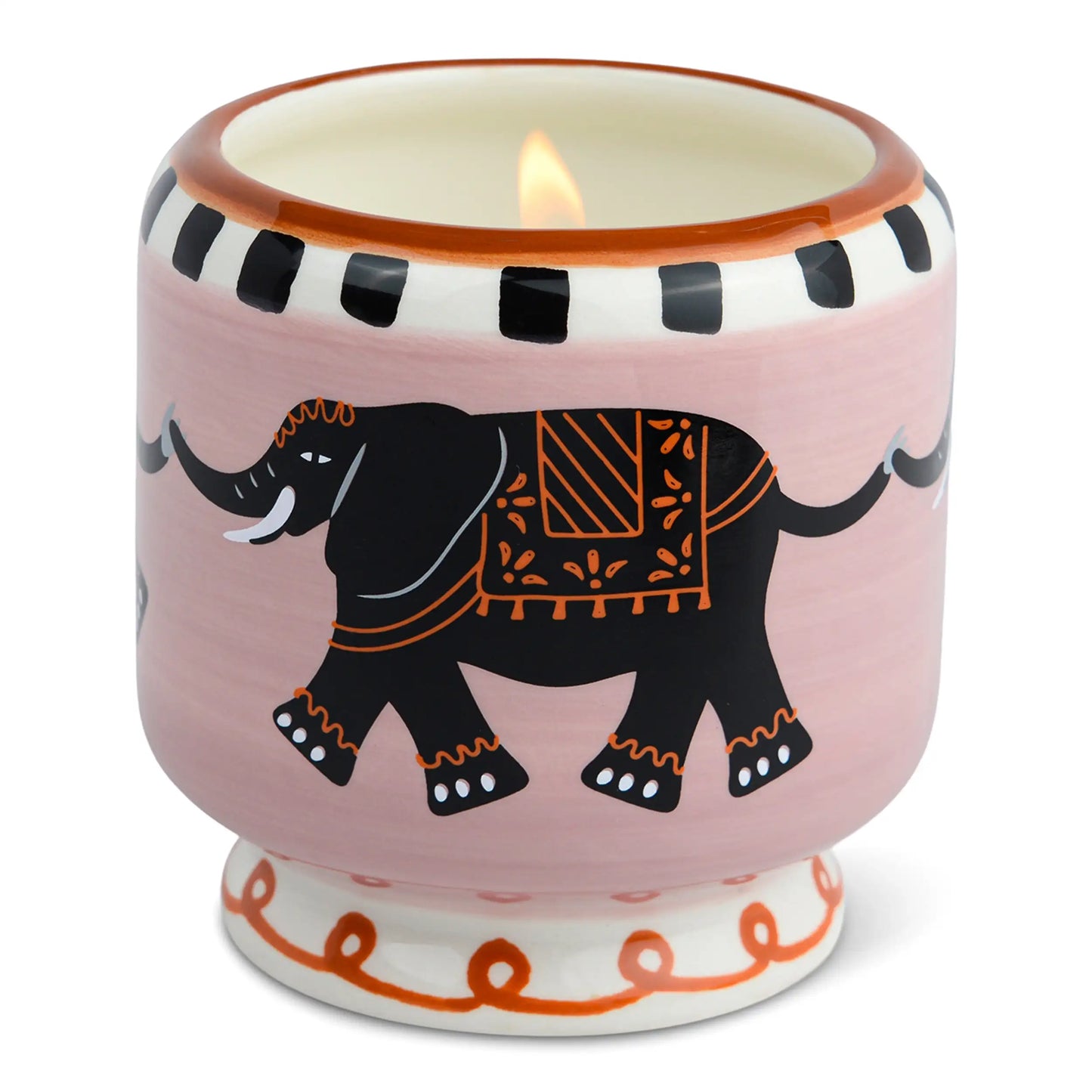 Vela decorativa Paddywax en recipiente de cerámica rosa con elefante, aroma tabaco vainilla