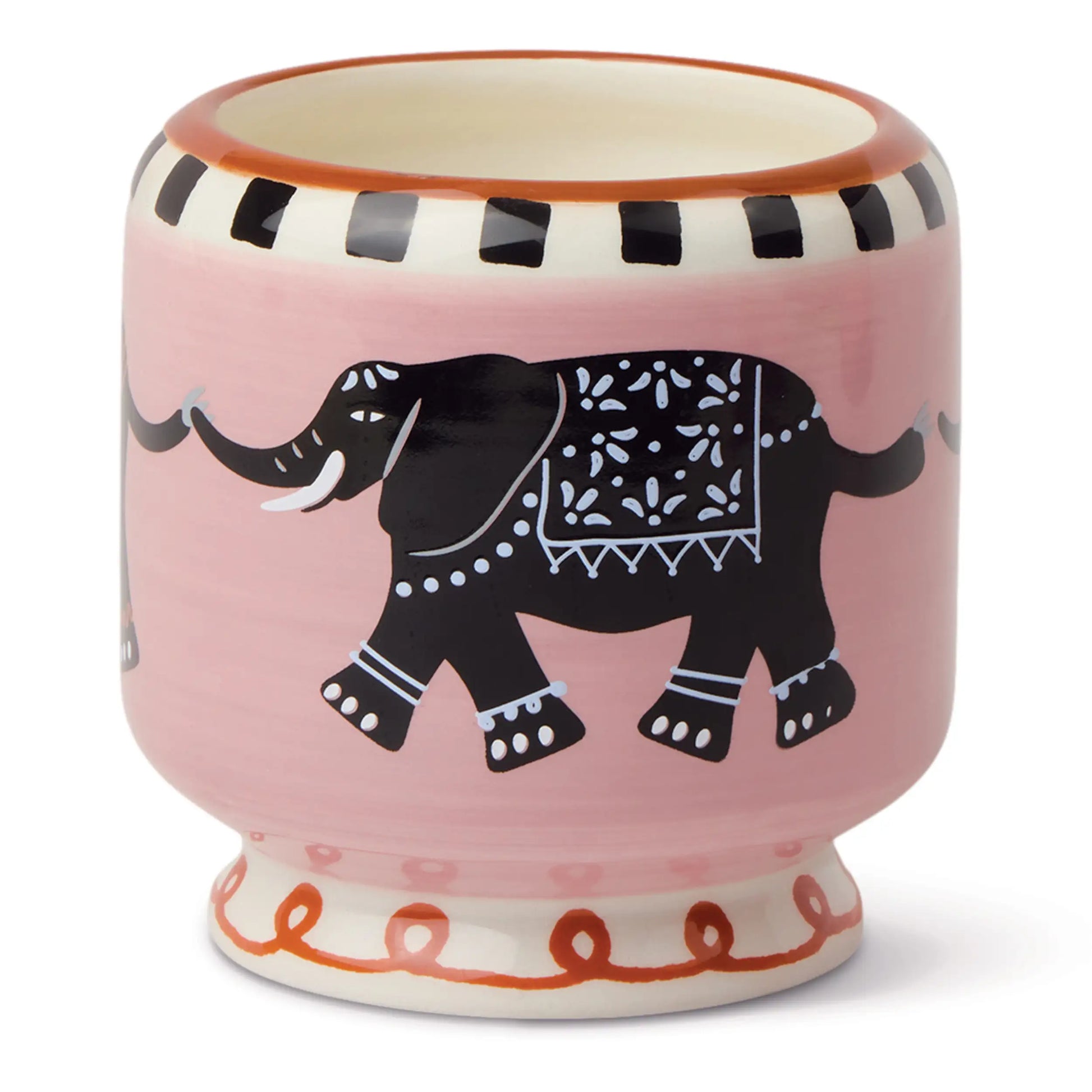 Vela Paddywax en vaso rosa decorado con elefante negro, aroma tabaco y vainilla.