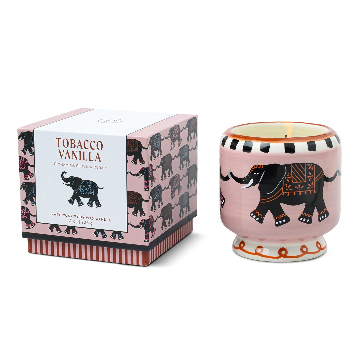 Vela aromática Paddywax con recipiente y caja decorados con elefantes, fragancia tabaco vainilla