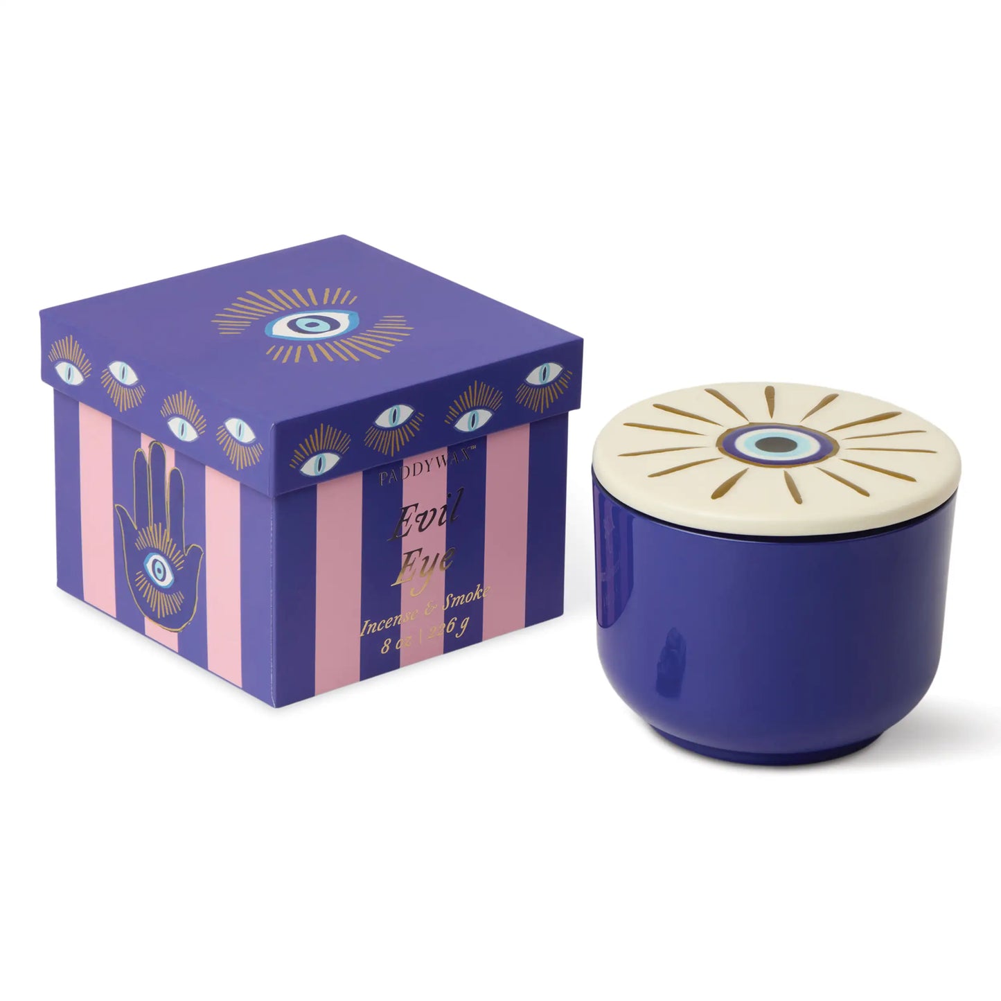 Vela azul Paddywax Evil Eye con caja decorativa, diseño de ojo y mano, CHICA del Sur.
