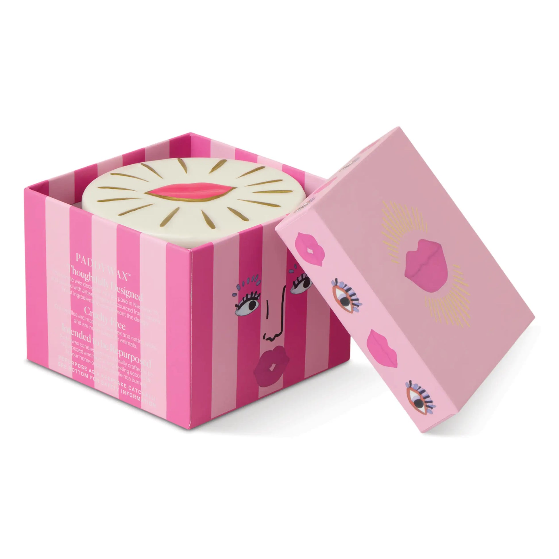 Vela Paddywax en caja rosa con diseño de labios y rostro, complemento decorativo CHICA del Sur